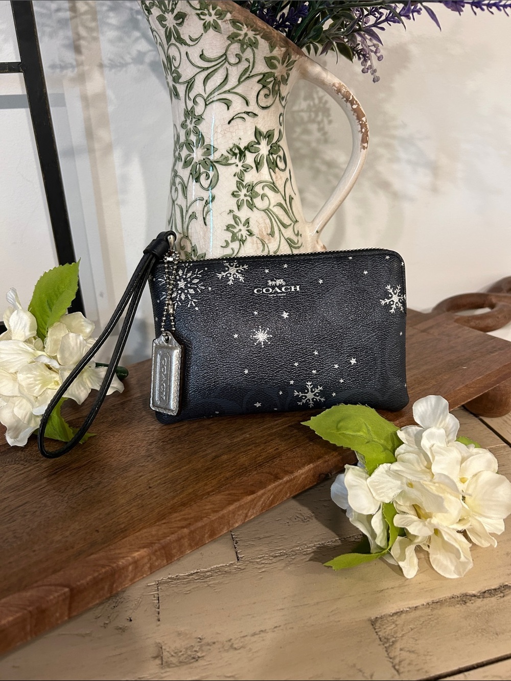COACH Black Snowflake-Print Leather Wristlet